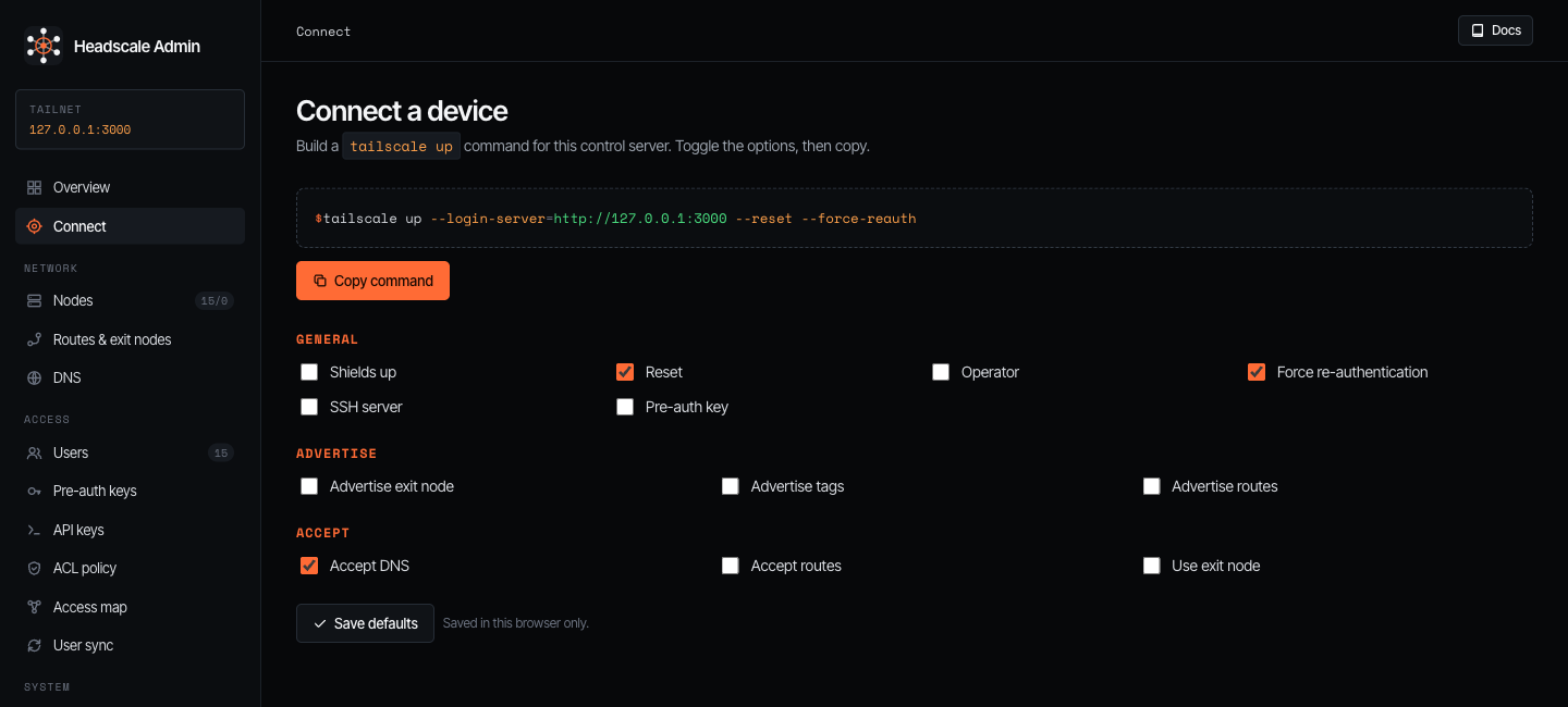 Connect - the tailscale up command builder